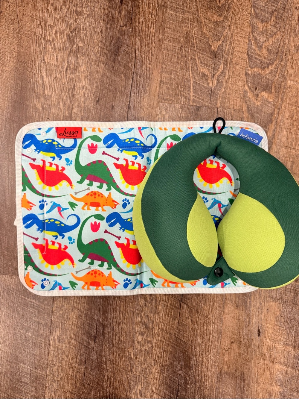 Green Kids Travel Neck Pillow with Dino Pattern Mat